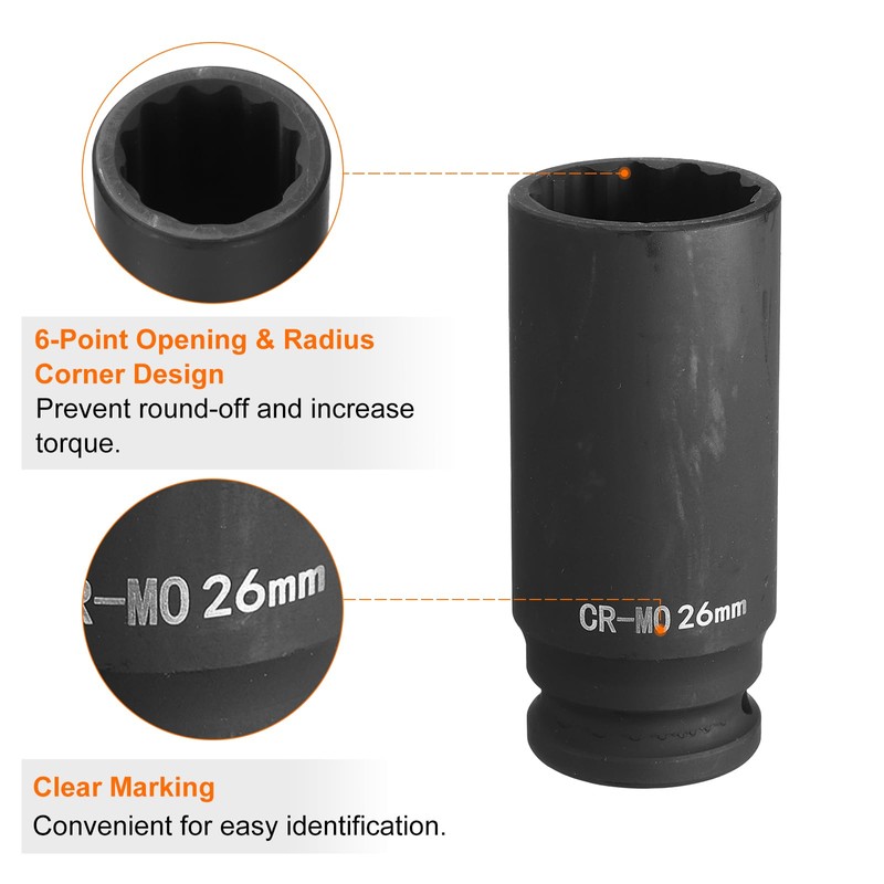 sourcing map 12-Point Deep Impact Socket 1/2 Inch Drive 26mm
