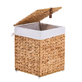 LGENHOOM Mini Handwoven Laundry Basket with Lid, Natural Water Hyacinth Storage Basket with Handle, Removable Cotton Liner, Durable and Stylish for Bedroom, Bathroom, Laundry Room