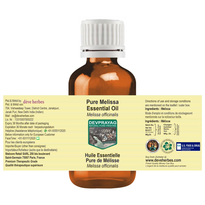 Devprayag Pure Melissa Essential Oil (Melissa officinalis) Natural Therapeutic Grade
