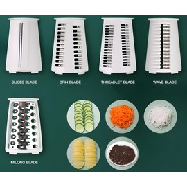 Rotary Cheese Grater, 5 in 1 Cheese Grater Hand Crank, Cheese Shredder and Slicer for Vegetables, Nuts, and Cheese with Strong Suction Base, Easy to Use Mandoline Slicer with Storage Box, White