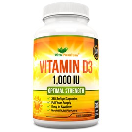 Vitamin D 1,000 IU, Optimal Strength Vitamin D3 Supplement, 365 Easy to Swallow Softgels - Full Year Supply