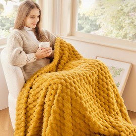 NEWCOSPLAY Super Soft Throw Blanket Mustard Yellow Premium Silky Flannel Fleece 3D Clouds Stylish Jacquard Lightweight Bed Blanket All Season Use 350GSM (Mustard Yellow Clouds, Throw(50"x60"))