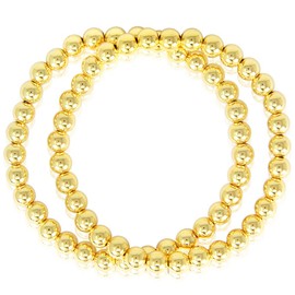 by you Stainless Steel Gold Silver Beaded Ball Bracelets for Women Stretchable Elastic Bracelet Set (6mm 2pcs - Gold)