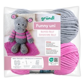 Gründl Funny uni crochet animal, set of 2 x 100 g funny plain chenille yarn, 1 crochet hook and instructions in German and French (hippo Nelly)