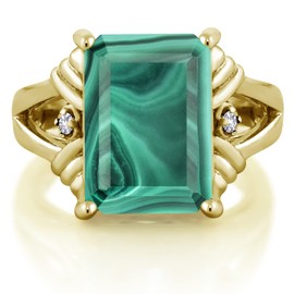Gem Stone King 18K Yellow Gold Plated Silver Green Malachite and White Created Sapphire Engagement Ring For Women (10.03 Cttw, Gemstone Birthstone, Emerald Cut 14X10MM, Size 6)