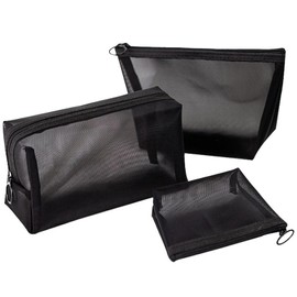 3-Piece Mesh Makeup Pouch, Nylon Makeup Pouch, Cosmetic Storage, Small Items, Convenient for Business Trips, Travel, Multi-functional (Black), Black