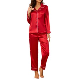 U2SKIIN Women Silk Pajamas Set, Long Sleeve Satin Pajamas for Women Sleepwear Button Down Pjs Set Two-Piece(Red, M)
