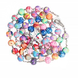 Kuesn 6MM Miraculous Medal Colorful Rosary Necklace Polymer Clay Necklace Beads Catholic Rosaries Necklace Wood Christian Prayer Beads Holy Soil Medal Cross Catholic Wooden Rosary (Colorful)