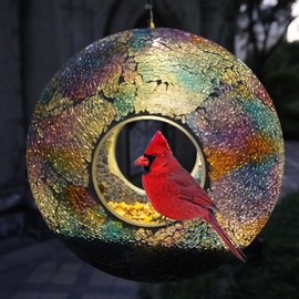 Teravem Solar Fly Through Bird Feeder - 8-Inch Round Mosaic Glass Container for Outside Hanging - Garden Decor to Attract Wild Birds, Gift for Bird Lovers