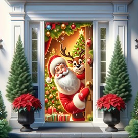 Christmas Door Cover Merry Christmas Door Decorations Cute Santa Claus Reindeer Door Cover Winter Xmas Backdrop Door Cover Party Outdoor Indoor Home Christmas Decorations 35 x 71 In