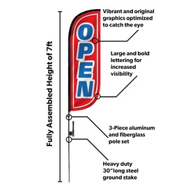 LookOurWay Open Red & Blue Feather Flag Complete Set with Poles & Ground Spike, 5-Feet