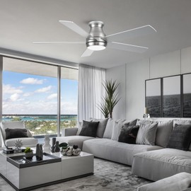 POCHFAN 52 Inch Low Profile Ceiling Fans With Lights and Remote brushed nickel, Flush Mount Modern Ceiling Fan, 3CCT Dimmable DC Ceiling Fan for Bedroom, Living Room