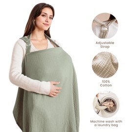 Konssy Muslin Nursing Cover for Baby Breastfeeding, Breathable 100% Cotton Breastfeeding Cover with Rigid Hoop for Mother Nursing Apron, Multi-use Carseat Canopy (Fog Green)