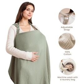 Konssy Muslin Nursing Cover for Baby Breastfeeding, Breathable 100% Cotton Breastfeeding Cover with Rigid Hoop for Mother Nursing Apron, Multi-use Carseat Canopy (Fog Green)