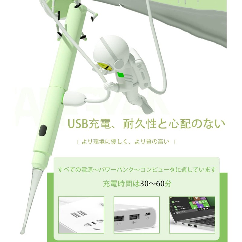 耳かき ライト 光る耳かき LEDライト付き耳かき USB充電式 光る耳かき ルーペ 耳掃除 、マルチスタイルの交換可能なイヤーチップ 耳掃除