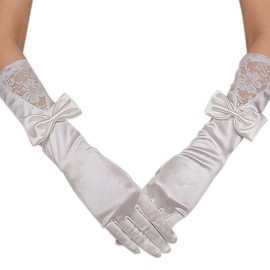 aoozleny 15 Inches Wedding Satin Gloves White Glove Long Bow Gloves for Bridal and Women, 1920s Party Accessories for Girls