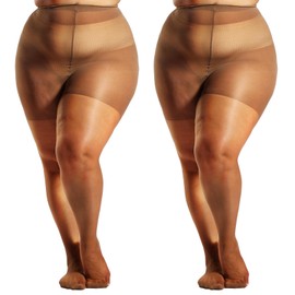 HONENNA 2 Pairs Plus Size Sheer Tights for Women, 17 Colors Ultra Thin Pantyhose Reinforced Toes High Waist Stockings, Tan 2 Pairs 3XL-4XL