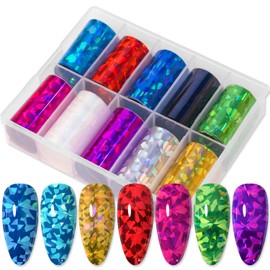 SILPECWEE 10 Rolls Broken Glass Nail Foil Holographic Nail Art Foil Decals Cellophane Nail Transfer Foil Aurora Nail Stickers Fingernail Manicure Design Nail Decoration for Acrylic Nails