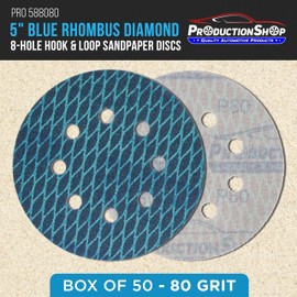 ProductionShop Premium 80 Grit 5" Rhombus Diamond Shape Blue Sanding Discs, 8-Hole, Box of 50 - Hook & Loop Anti-Clogging J-Cloth Dustless Sandpaper for Random Orbital Sanders, Sand Auto Paint, Wood