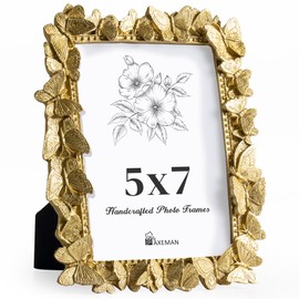 Axeman 5x7 Vintage Picture Frame with High Tempered Glass, Butterfly Textured Hand-Crafted Resin Antique Ornate Photo Frame with Easel & Hook for Tabletop & Wall Display, Gold
