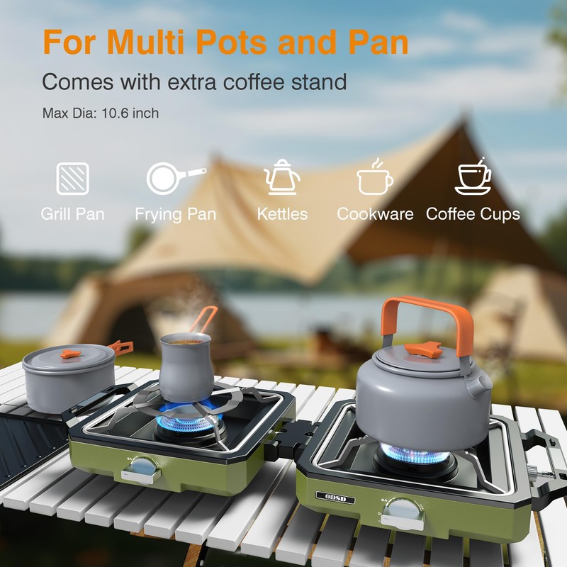 ODSD 2 Burner Camping Stove with Windshield, 20000 BTU Propane