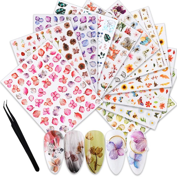 WOKOTO 11 Sheets Nail Stickers Flowers Stickers for Nails Nail Art Stickers self Adhesive 3D Nail Art Decals Dried Flower Butterfly Rose Leaves Charms Design Nail Decals for Women with Tweezers
