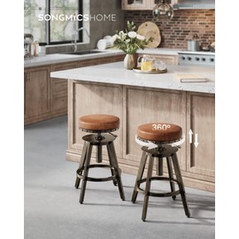 SONGMICS HOME Bar Stools, Set of 2, Steampunk Counter Stool for Kitchen, Adjustable Height and Swivel Padded Seat, Workbench Stool, 16.5 x 19.3 x 24.6-29.3 Inches, Caramel Brown ULJB096K01