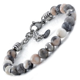 10:10 Stainless Steel Bracelet and 6 mm Zebra Jasper Natural Stones Bracelet for Men and Women Adjustable Bracelet Made in Italy, Stainless Steel