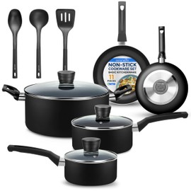 SereneLife Kitchenware Pots & Pans Basic Kitchen Cookware, Black Non-Stick Coating Inside, Heat Resistant Lacquer (11-Piece Set), One Size, Black