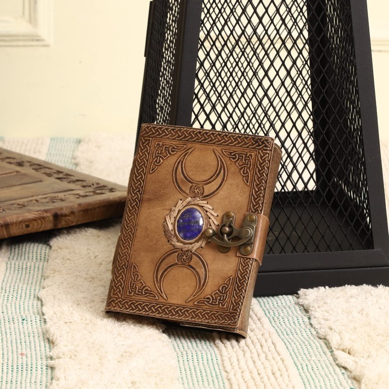 ALCRAFT Handmade Vintage Leather Journal with Semi Precious Stones Black