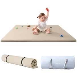 usbettas Baby Play Mat Memory Foam, 50''x50'' Leather Playpen Mat for Floor, 1.3" Thick Waterproof Tummy Time Mat with Storage Bag, Non-Slip Crawling Padded for Infant, Kids and Toddler(Beige)