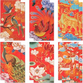 Red Envelopes Chinese New Year, 12 Pack 6 Styles Lucky Red Money Envelopes for Cash - 6.6 x 3.5inches, Peacock Dragon Goldfish Design Hong Bao Chinese Red Pocket for Lunar New Year, Spring Festival