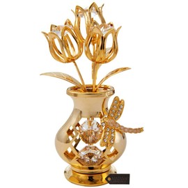 Matashi 24K Gold Plated Crystal Studded Flower Ornament in a Vase with Decorative Dragonfly Tabletop Ornament - Great Gift for Birthday Mother's Day Valentine's Day Anniversary, Home Office Decor