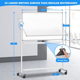 Large Rolling White Board, 48 x 32 inches Double-Sided Mobile Whiteboard, maxtek Reversible Magnetic Dry Erase Board Easel Standing Whiteboard on Wheels for Home Office Classroom School, Silver