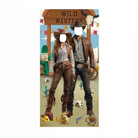 Hopzab Western Photo Booth Backdrop, Cowboy Party Decorations, Reusable Polyester Fabric Banner, Wild West Theme Party Essential, Easy Hang Prop