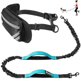 SlowTon Free Handle Dog Lead with Removable Zip Pocket, Shock-Absorbing Bungee Lead, Double Handle and Reflective Seams, Wide Padded Adjustable Waist Lead for Dogs