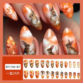 24Pcs Easter Almond Press on Nails Cute Bunny Fake Nails Medium Length Glue on Nails Full Cover Acrylic Nails Glossy Rabbit False Nail Tips Easter Day Stick on Nails for Women DIY Manicure Decor