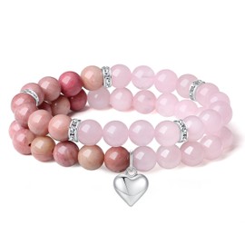 DUQGUHO 2Pcs Heart Bracelet for Women Love Bracelet Rose Quartz Rhodonite Bracelets 8mm Healing Crystals Bracelet for Women Natural Crystal Stone Stretch Beads Bracelet Gifts for Women
