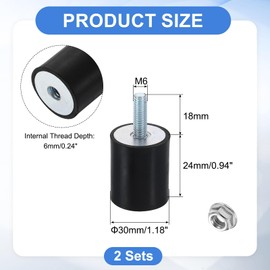 uxcell M6 Rubber Mounts, 2Pcs 25x30mm(DxH) Rubber Cylindrical Anti Vibration Isolator Shock Absorber with Lock Nut for Car Bobbin Generator Air Compressors