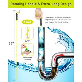 35inch Drain Clog Remover, Drain Cleaner Hair Clog Remover with Rotating Handle and 7 Refills, Drain Hair Remover Plumbing Snake, Easy and Quick Unclog Bathtub Drain, Sink, Shower (7 Pack)