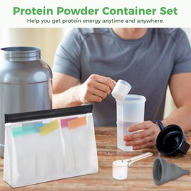 OMISTAR Protein Powder Container Set, Including 28 Pcs Single Dose Bags and 4 Pcs Large Zip Bags, Portable Powder Supplement Packets with Funnels, Spoons, Sheet Labels, and Pens for Travel