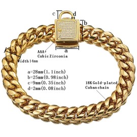 Aiyidi Dog Chain Collar Stainless Steel Gold Dog Chain Collar with Zirconia Lock Luxury Dog Necklace 14MM Heavy Duty Choke Collar Cuban Chain Chew Proof Collar for Small Medium Large Dogs (24inches)