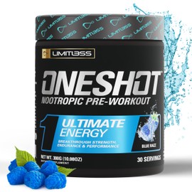 LIMITLESS X ONESHOT Pre Workout Powder for Men and Women - BCAAS Amino Acids Supplement Powder, 200mg Caffeine Powder, Beta Alanine Powder, Citrulline Malate Preworkout Powder - Blue Razz - 30 Servings