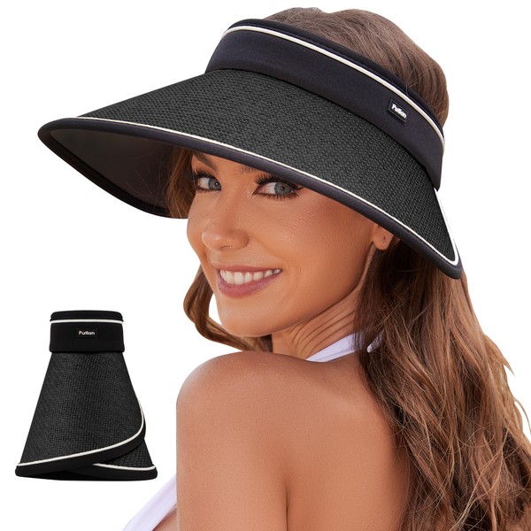 PuTian Sun Visor Hats for Women Wide Brim Ponytail Straw