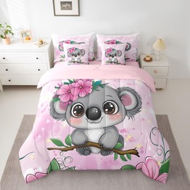 Erosebridal Cartoon Koala 7 Piece Comforter Set Queen Size,Cute Koala Bedding Set,Cherry Blossom Rose Bed in a Bag for Kids Baby Toddler Nursery Sheets,Butterfly Branch Leaves Quilt Duvet,Pink Grey