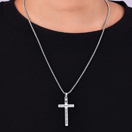 Fiusem Silver Tone Cross Necklace for Men, Bible Verse PHILIPPIANS 4:13 Cross Pendant with 2.5mm Box Chain 18 Inch
