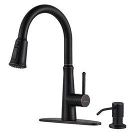 WOWOW Kitchen Faucet, Oiled Rubbed Bronze, 1 Handle High Arc, 360° Swivel, Pull Out Sprayer, Stainless Steel, 50cm Hose, 2 or 4 Hole Installation, Stream/Spray/Pause Modes