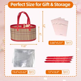 Decorative Woven Storage Gift Basket with Bag and Ribbon, Hamper for Home Organization, Holiday and Wedding Gift Packaging (red, 3pack)