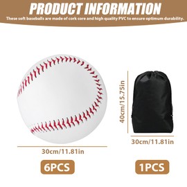 LEKEFETO Pack of 6 Professional Baseballs: 9 Inch Hand-Stitched PU Soft Baseballs with Drawstring Bags, for Training, Youth & Adults, High-Quality Baseball Balls for Competition & Leisure