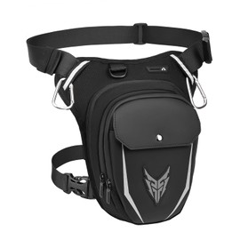 Leathario Motorcycle Leg Bag for Men and Women, Leg Bag, Waterproof, Thigh Bag with Expandable Storage Space, Bag Leg for Cycling Hiking, Belt Bag with 2 Carabiners, Reflective Strips, Black, Black